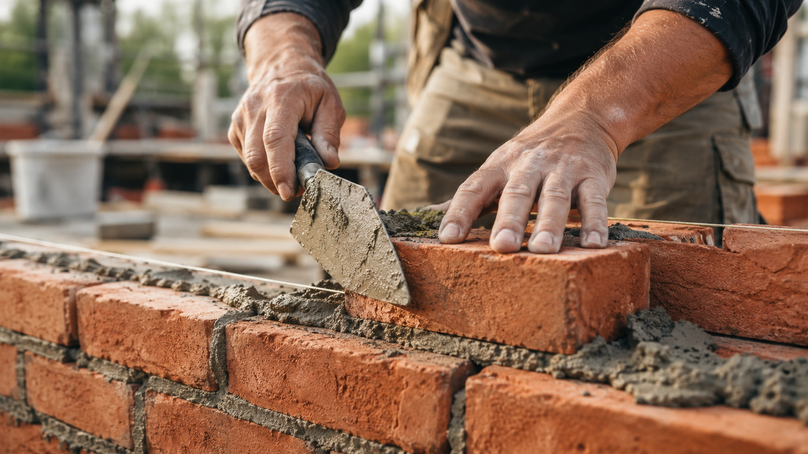 Skilled mason laying brick with a trowel