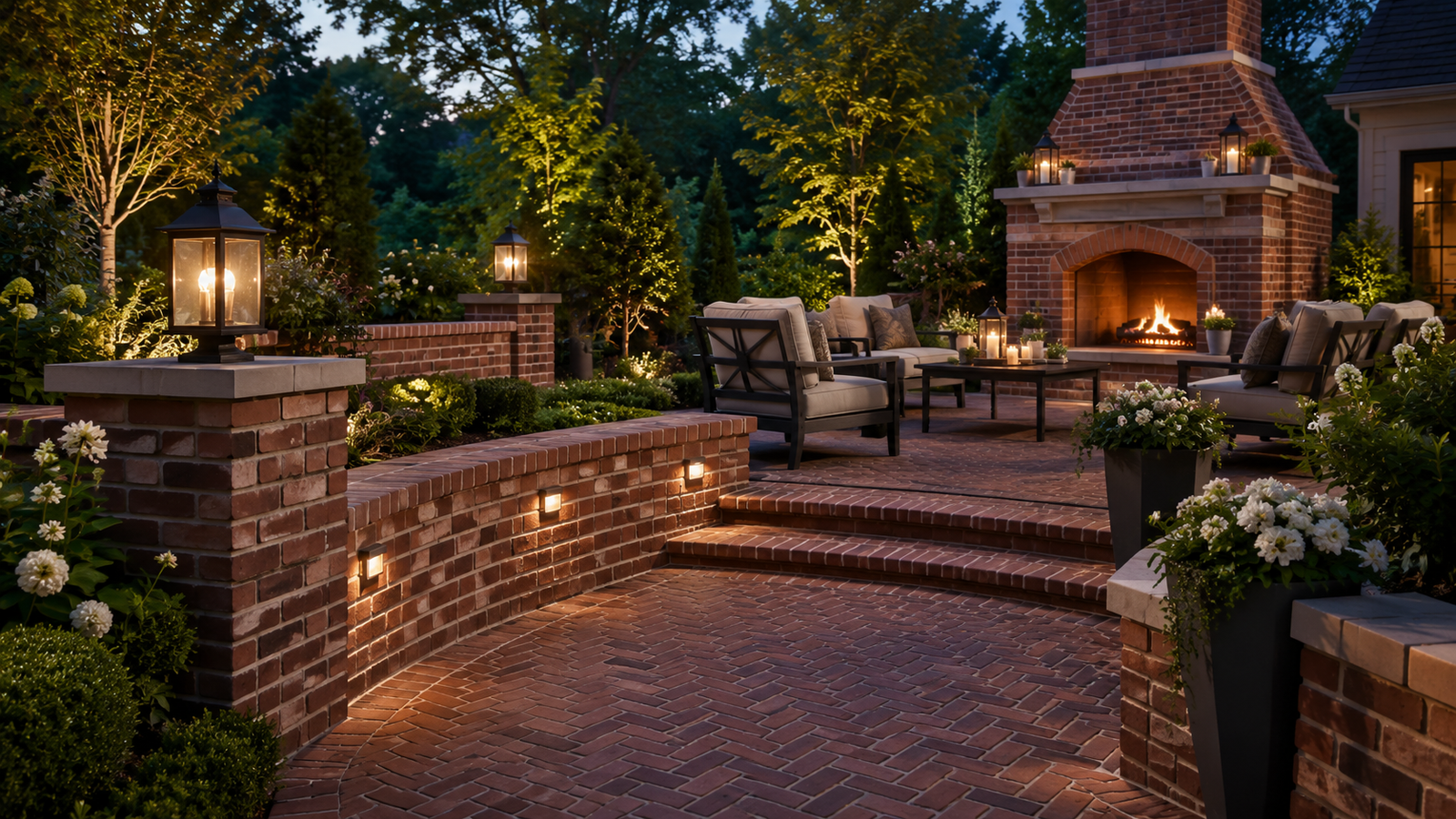 Brick patio with outdoor fireplace and lighting